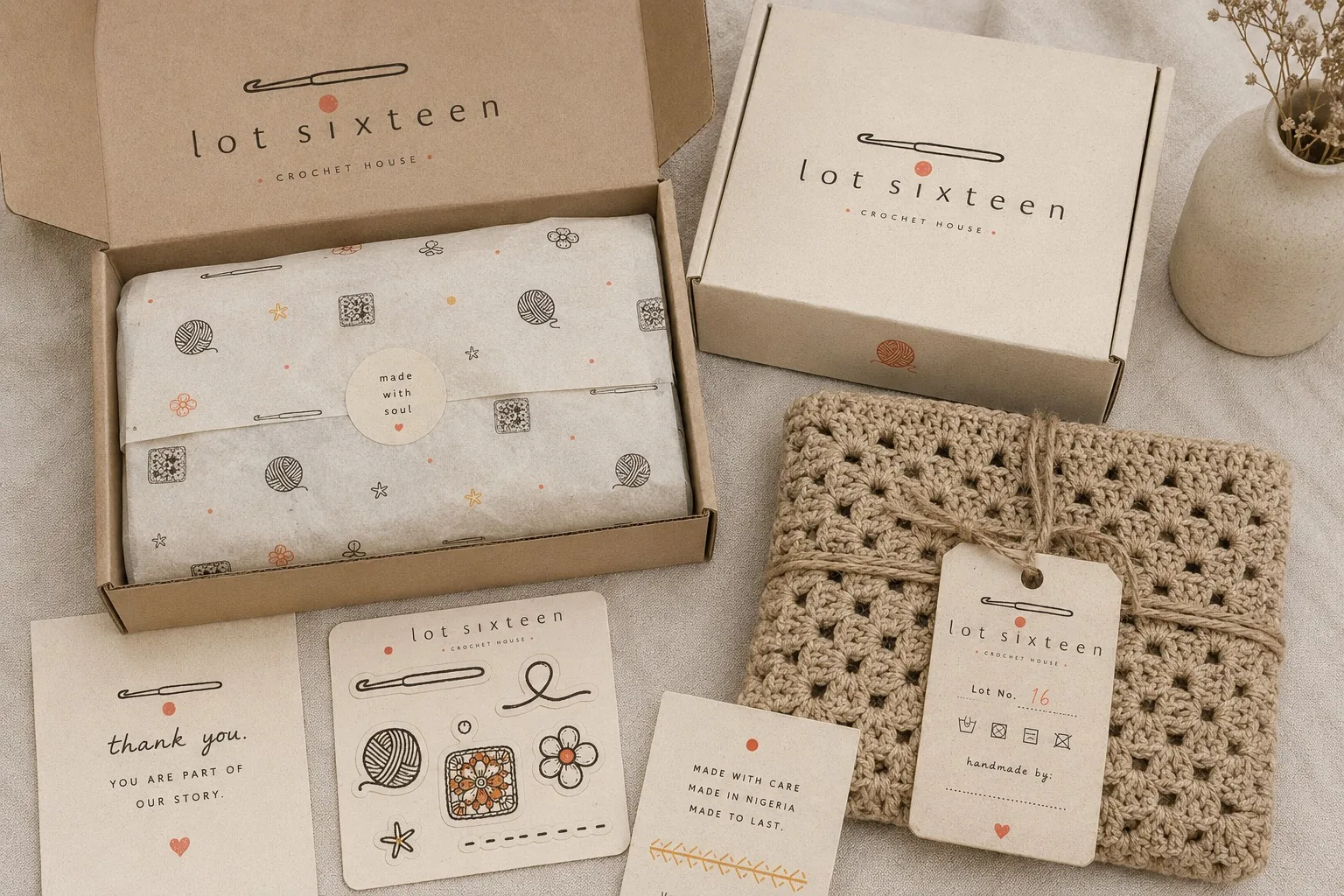 Lot Sixteen crochet brand, packaging flat lay