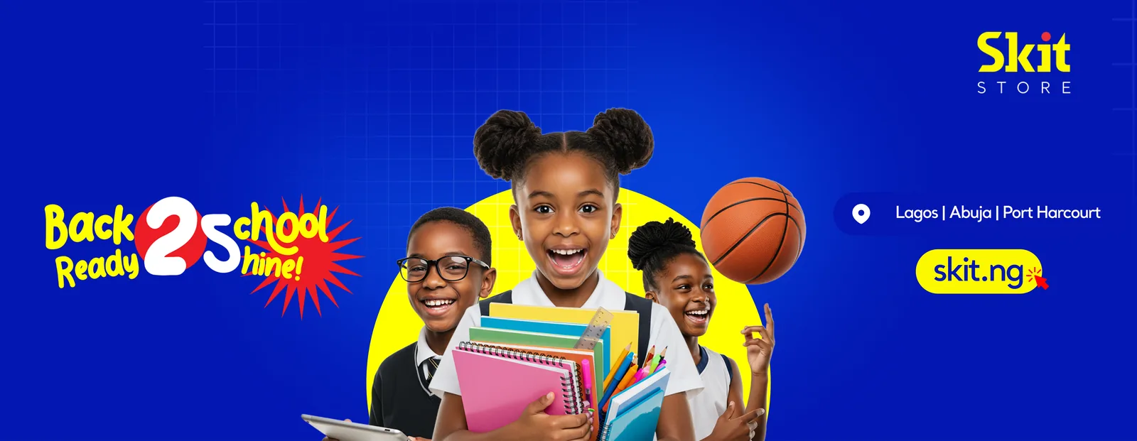Back to School billboard key visual, three smiling students with books and a basketball on campaign blue with a yellow burst