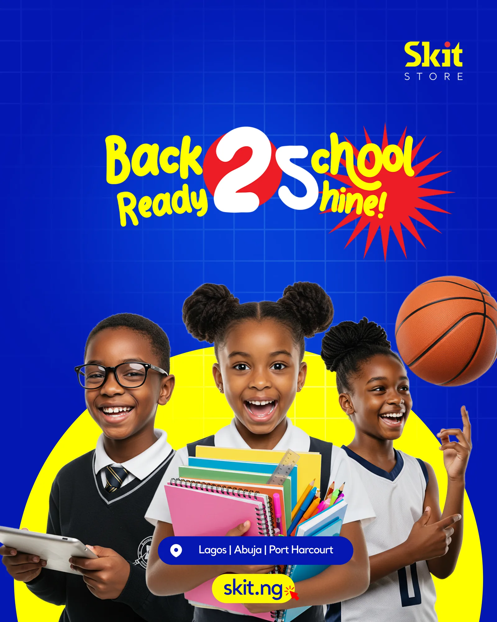 Portrait street billboard, student with school supplies on campaign blue