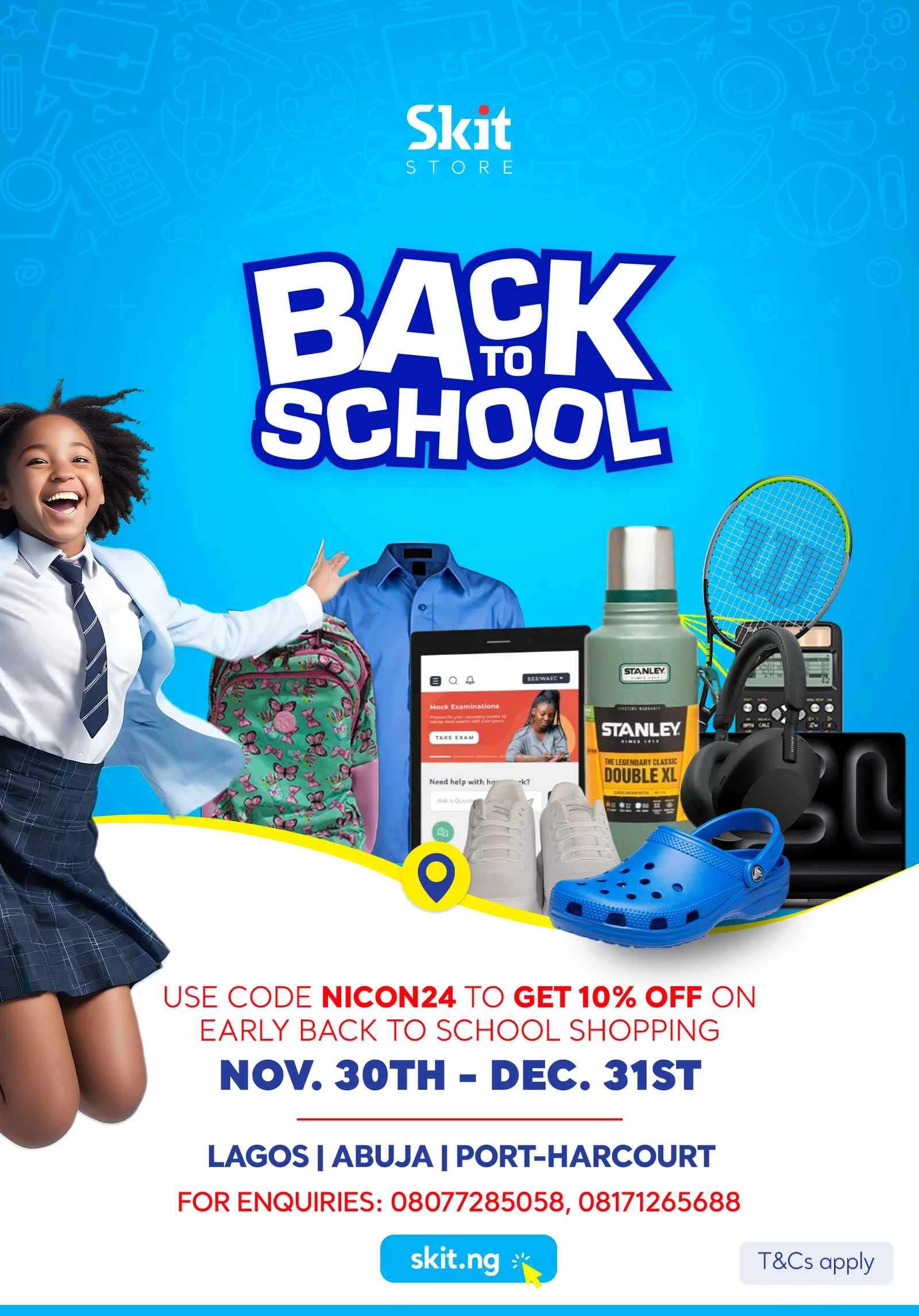 Campaign offer poster, student with school supplies and bundle pricing