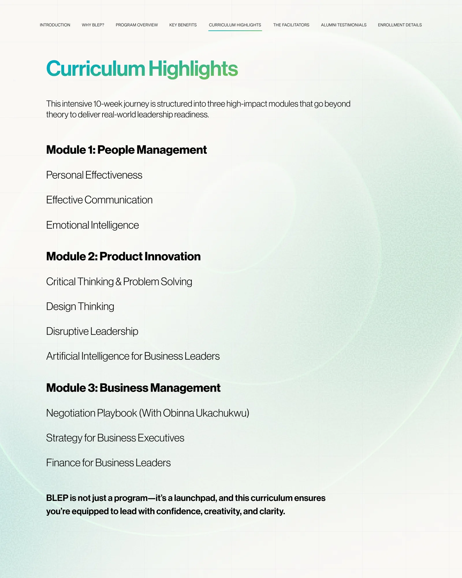 BLEP brochure, curriculum highlights spread