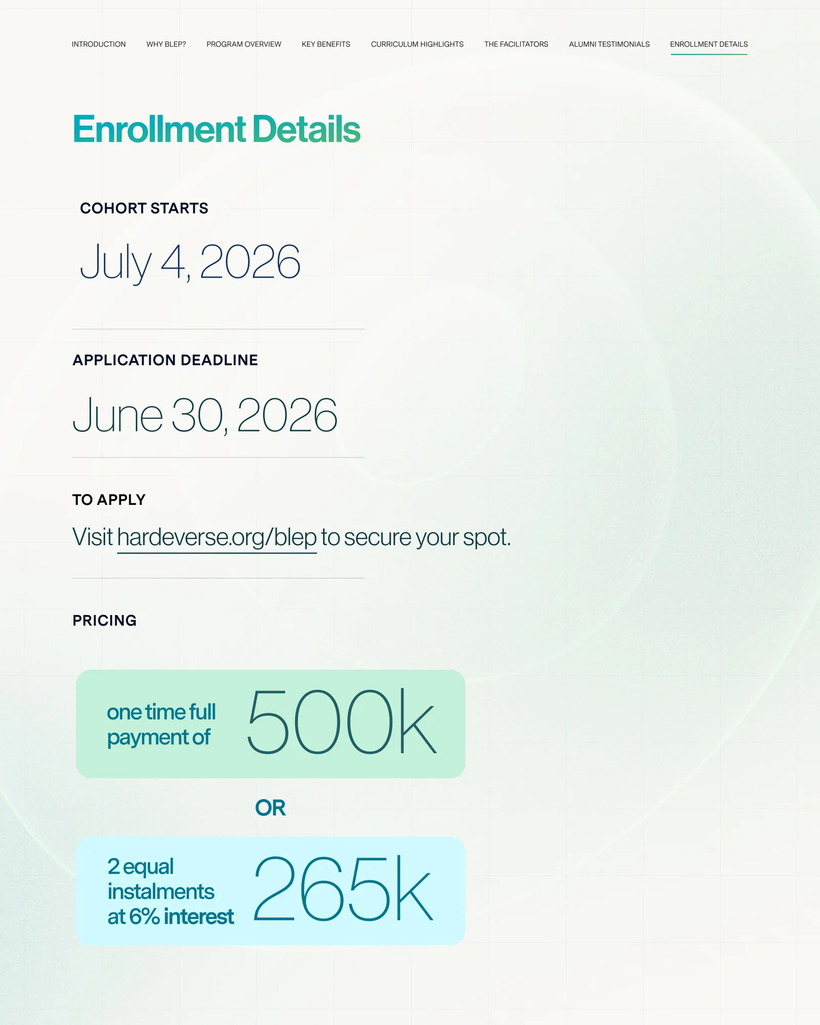 BLEP brochure, enrollment details spread