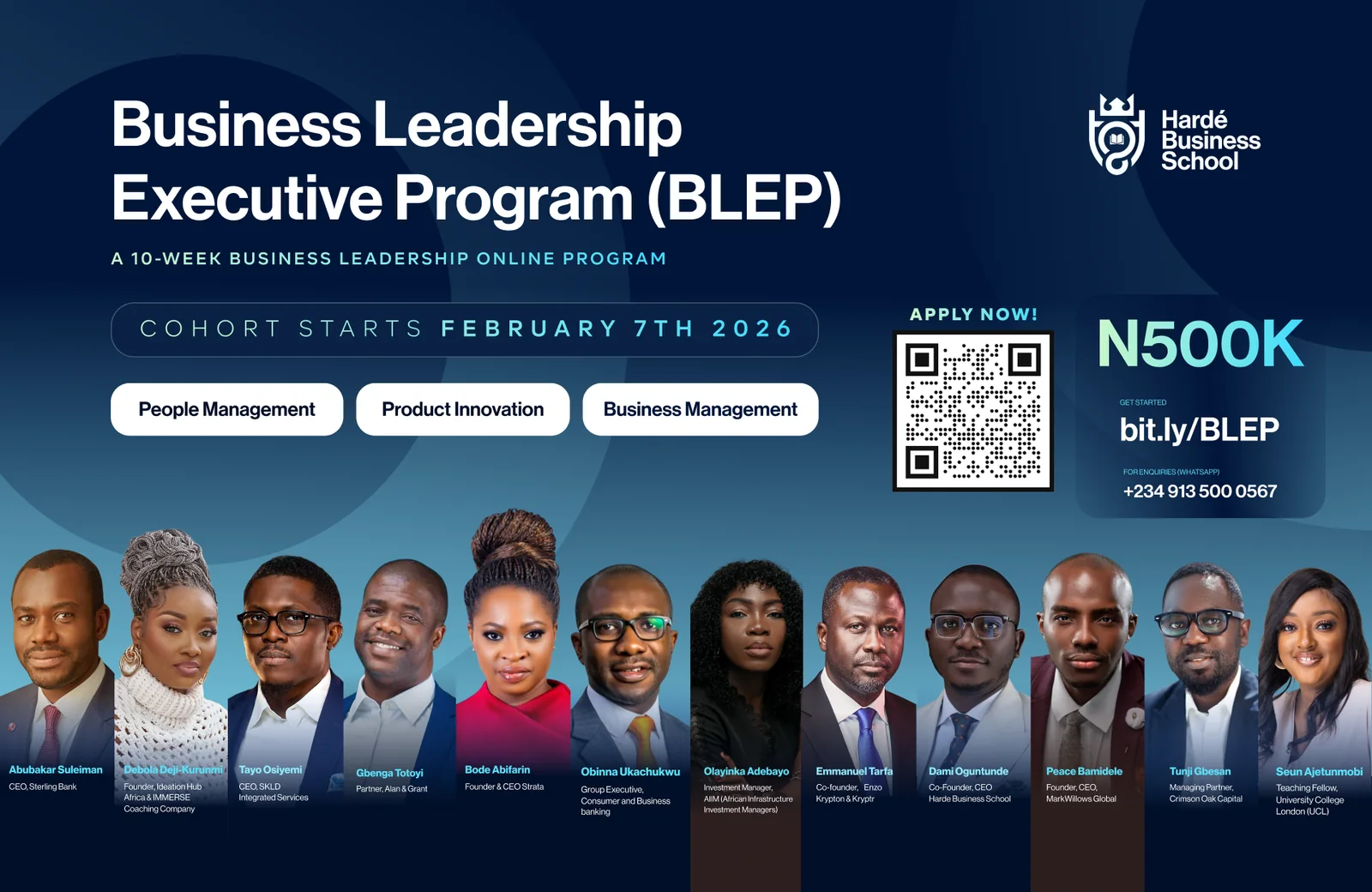 BLEP portrait billboard design with cohort details, QR code and faculty strip