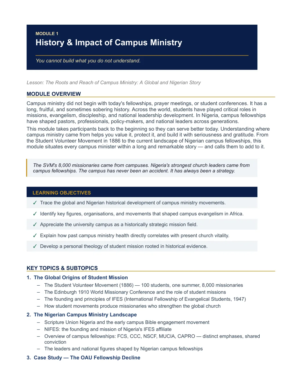 CMIT module page with structured curriculum content