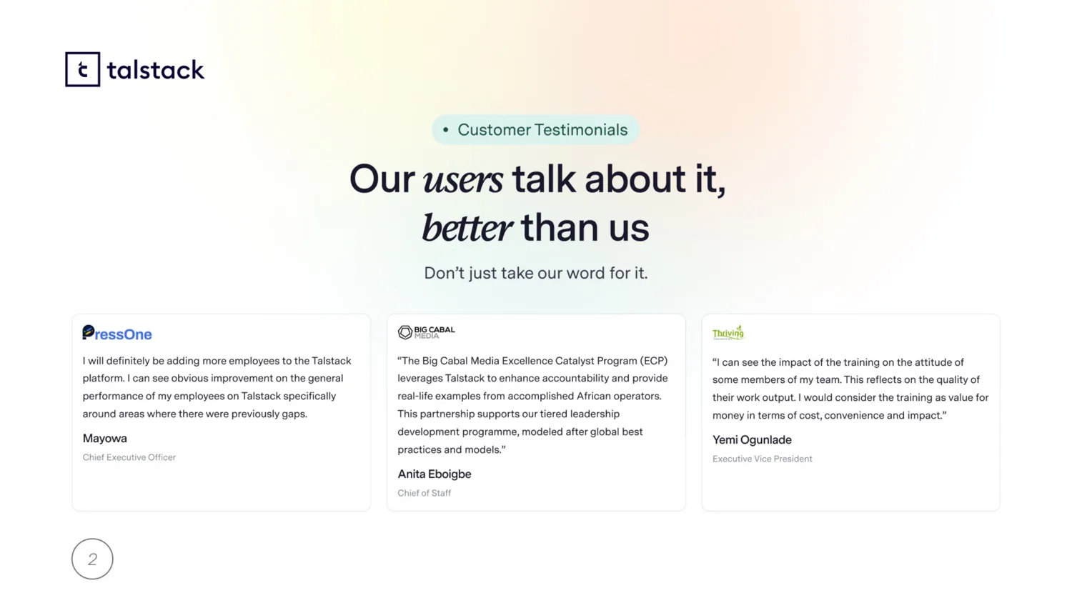 Talstack customer testimonials slide
