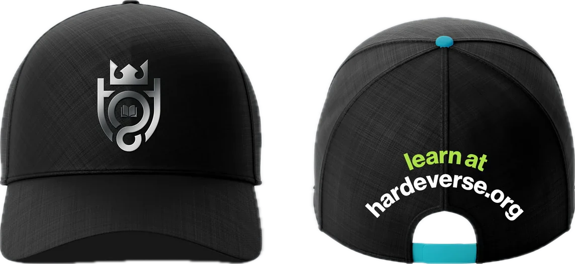 The Hardé cap, the shield on the front and learn at hardeverse.org across the back