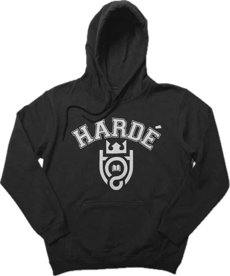 The Hardé hoodie, the collegiate lockup on the chest