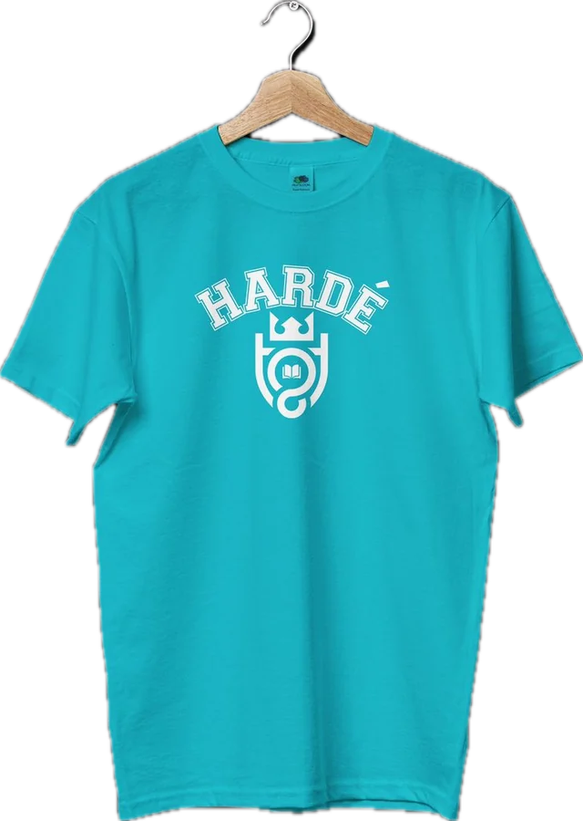 The Hardé tee in brand teal, the collegiate lockup on the chest