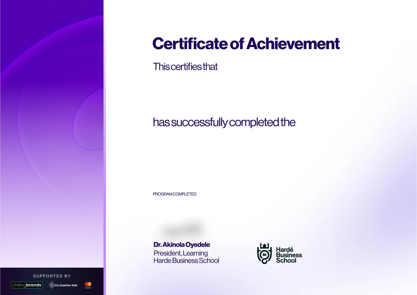 The PMEC certificate of achievement, white with a violet side panel