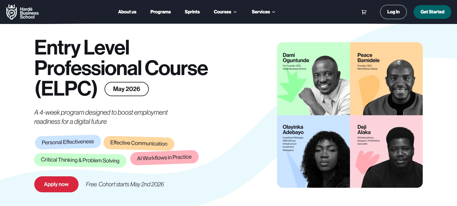 The Entry Level Professional Course header, redesigned from the May 2026 campaign: the four facilitators, the four modules and one apply button