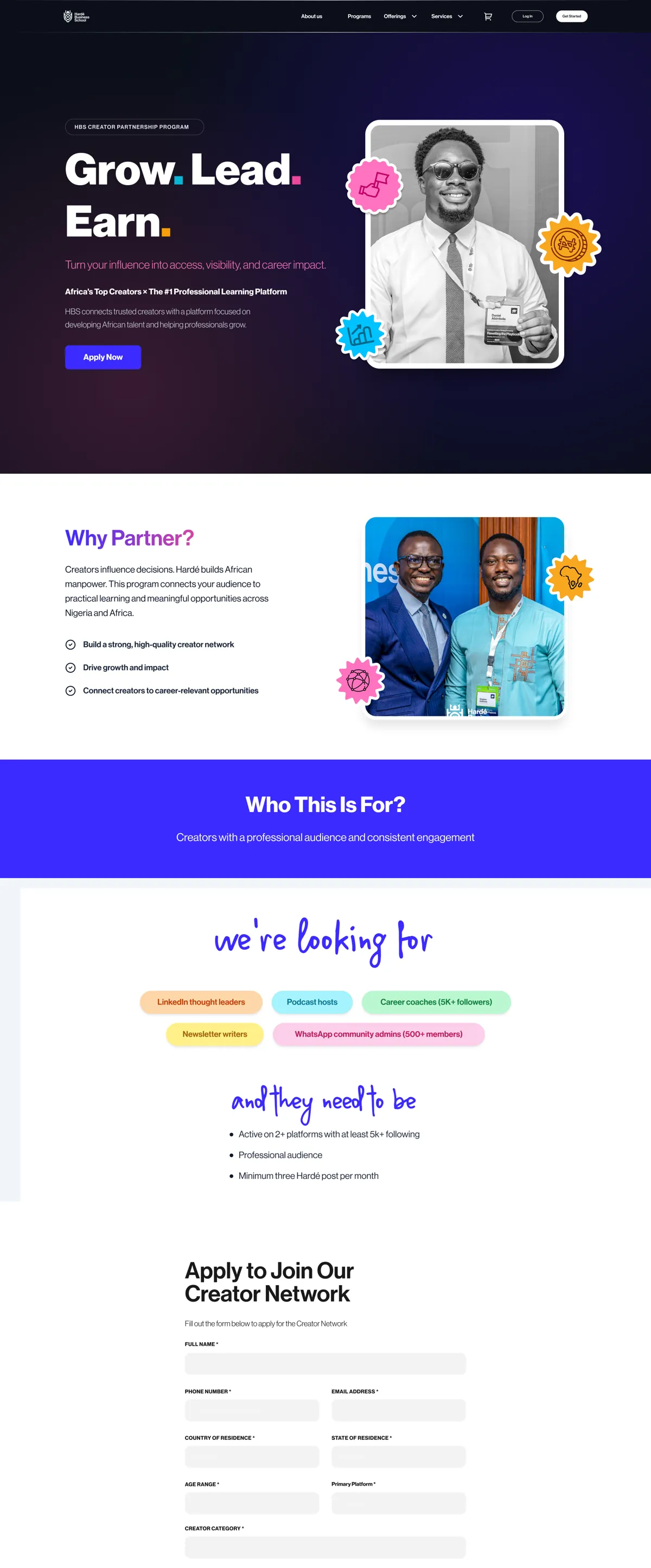 Redesigned Hardé Creator Network page, Grow Lead Earn
