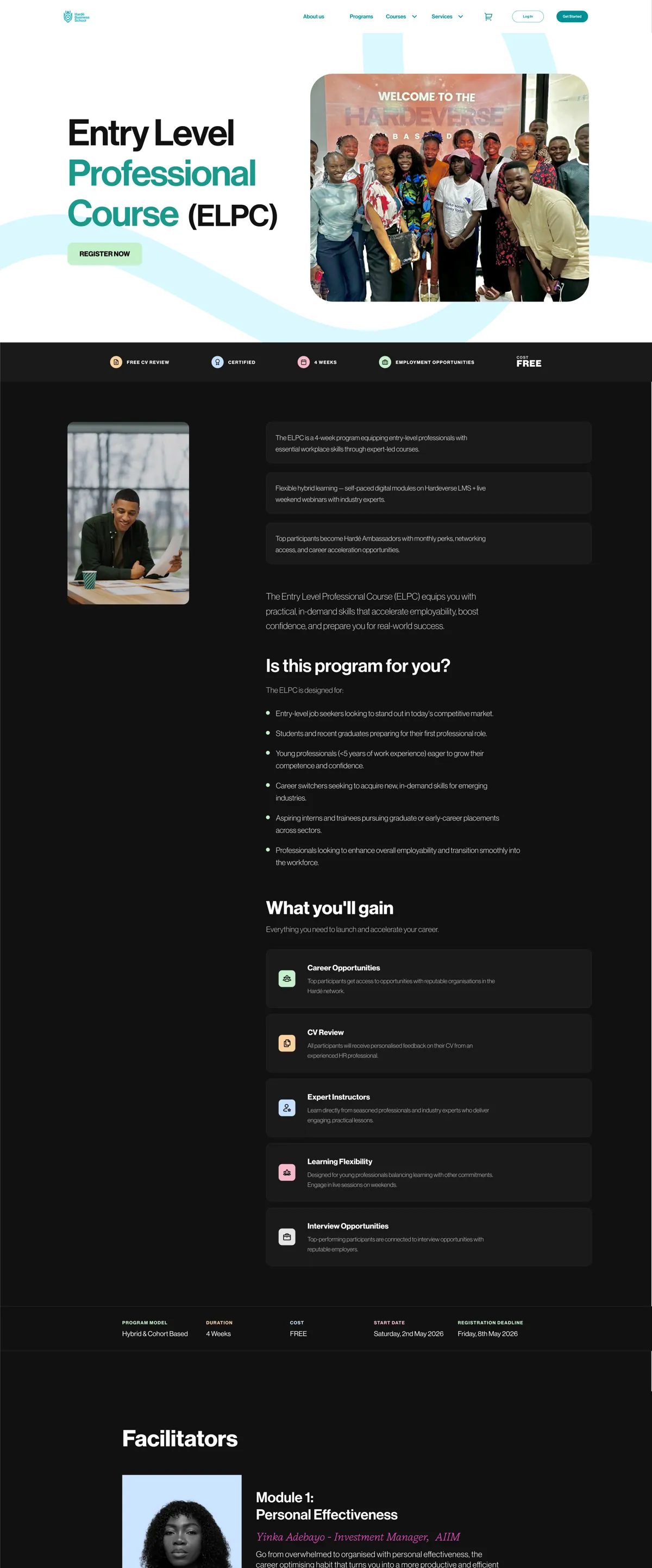 Redesigned Hardé programme page, Entry-Level Professional Course