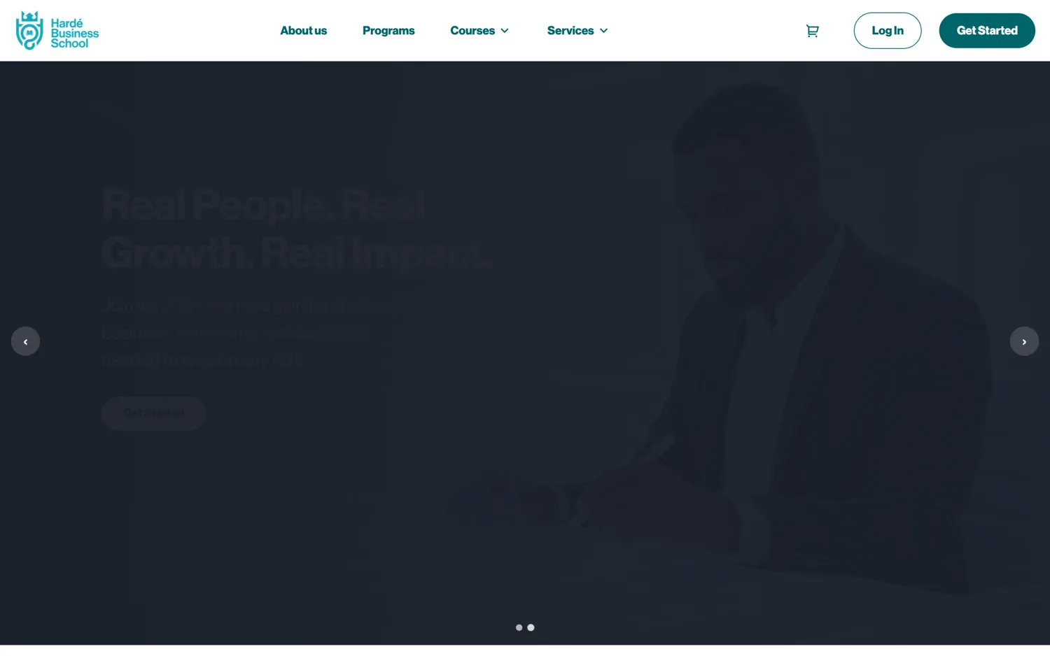 The rebuilt Hardé Business School homepage: Real People. Real Growth. Real Impact., over a deep teal hero
