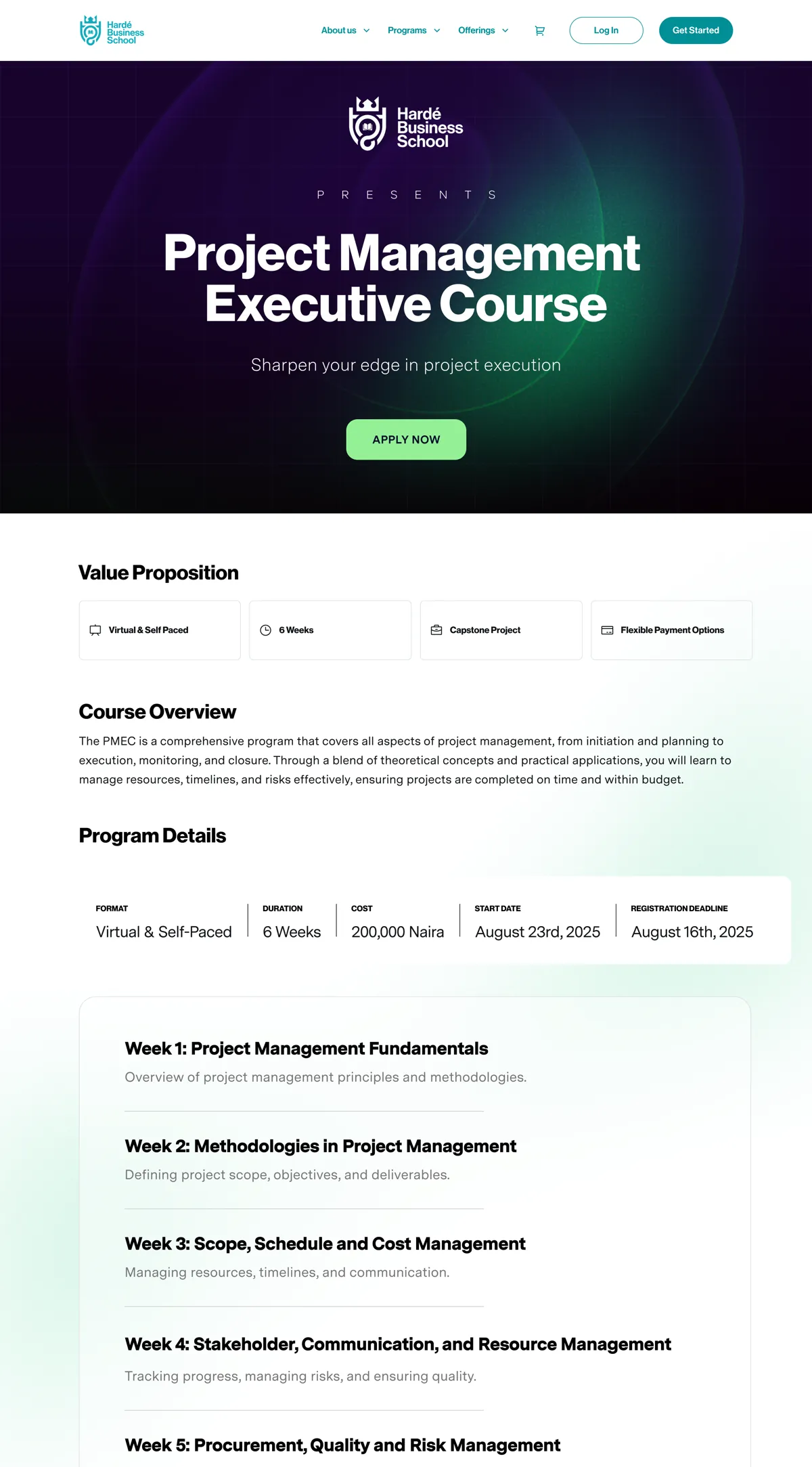 Redesigned Hardé programme page, Project Management Executive Course