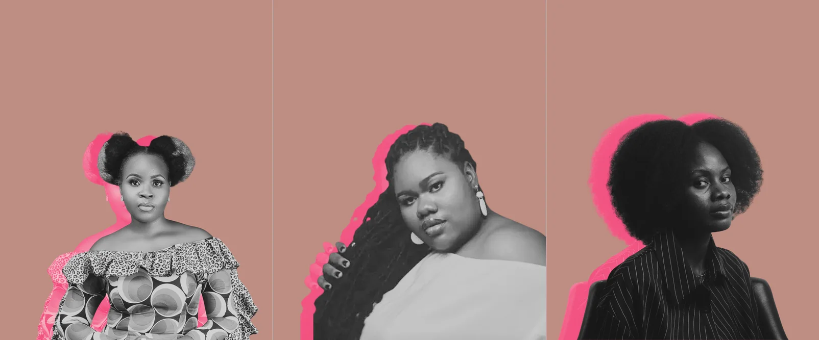Three Few Are Roaming cover illustrations, monochrome portraits on dusty rose