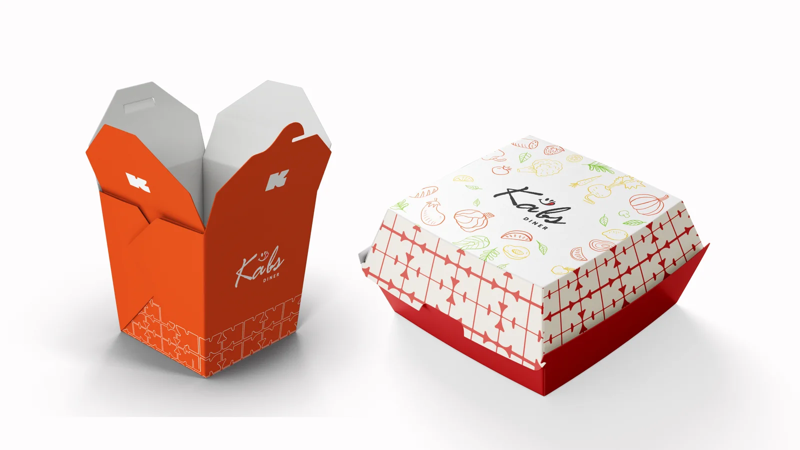The Kabs noodle box and burger box, K pattern and icon pattern