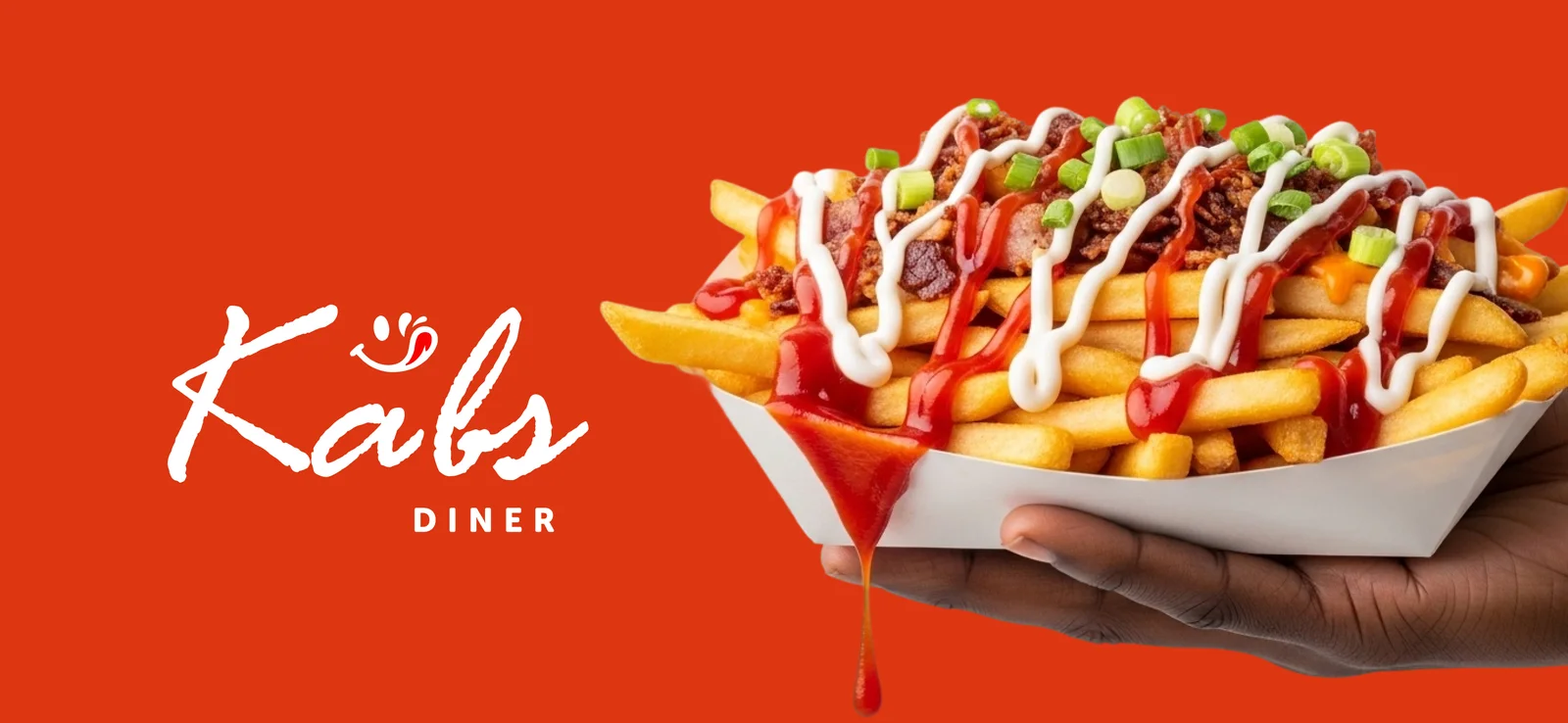 A loaded-fries sleeve in hand, the Kabs signature on ketchup red