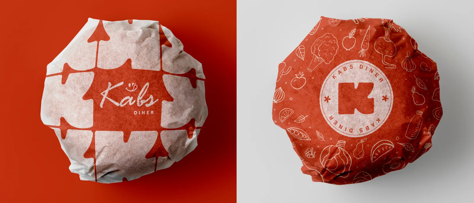Two Kabs burger wraps, the K pattern on paper and the icon pattern on ketchup red