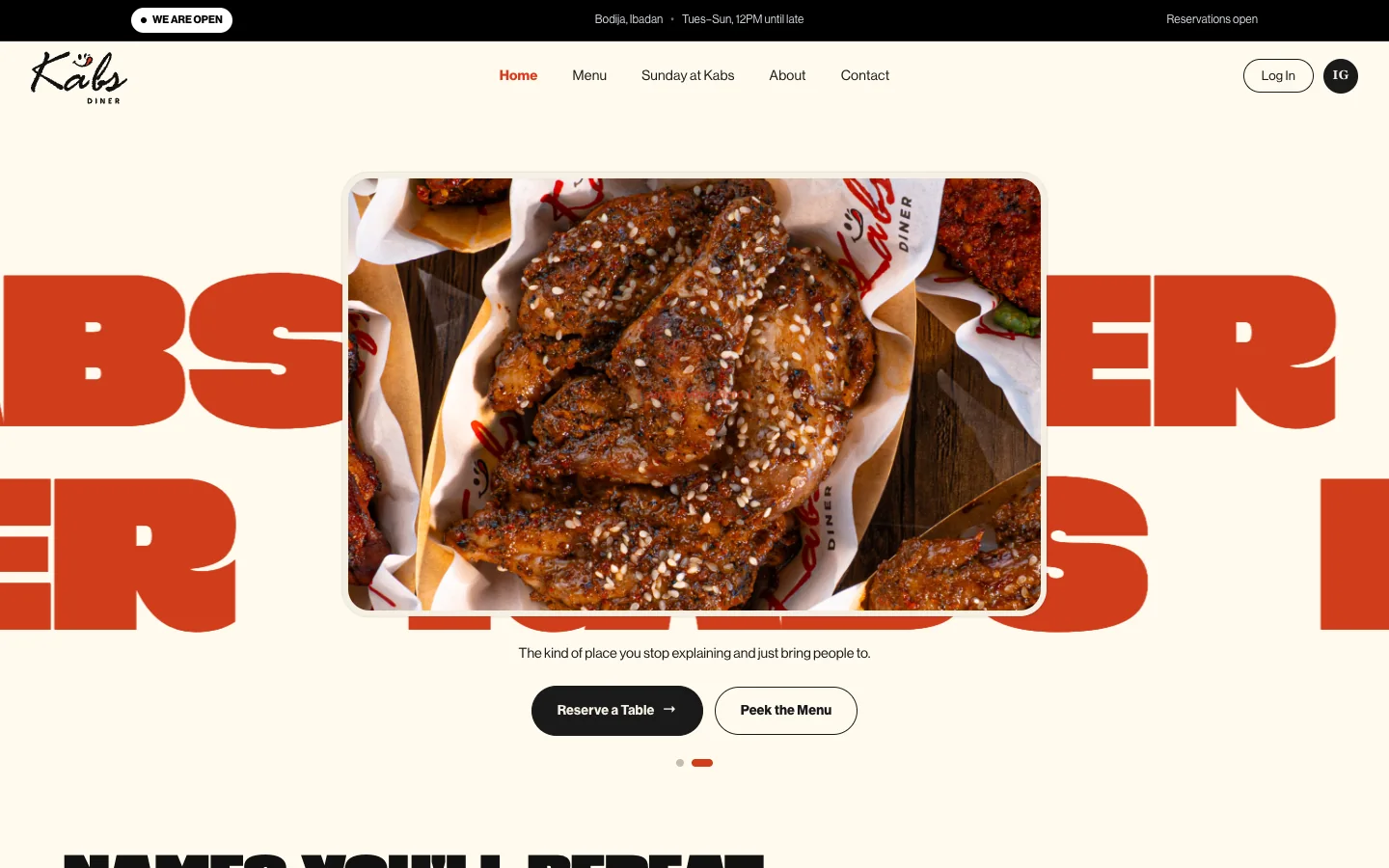 kabsdiner.com home page, oversized KABS type behind a wings photo