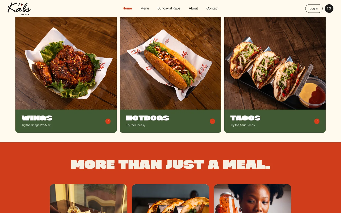 Website menu section, Wings, Hotdogs, Tacos category cards