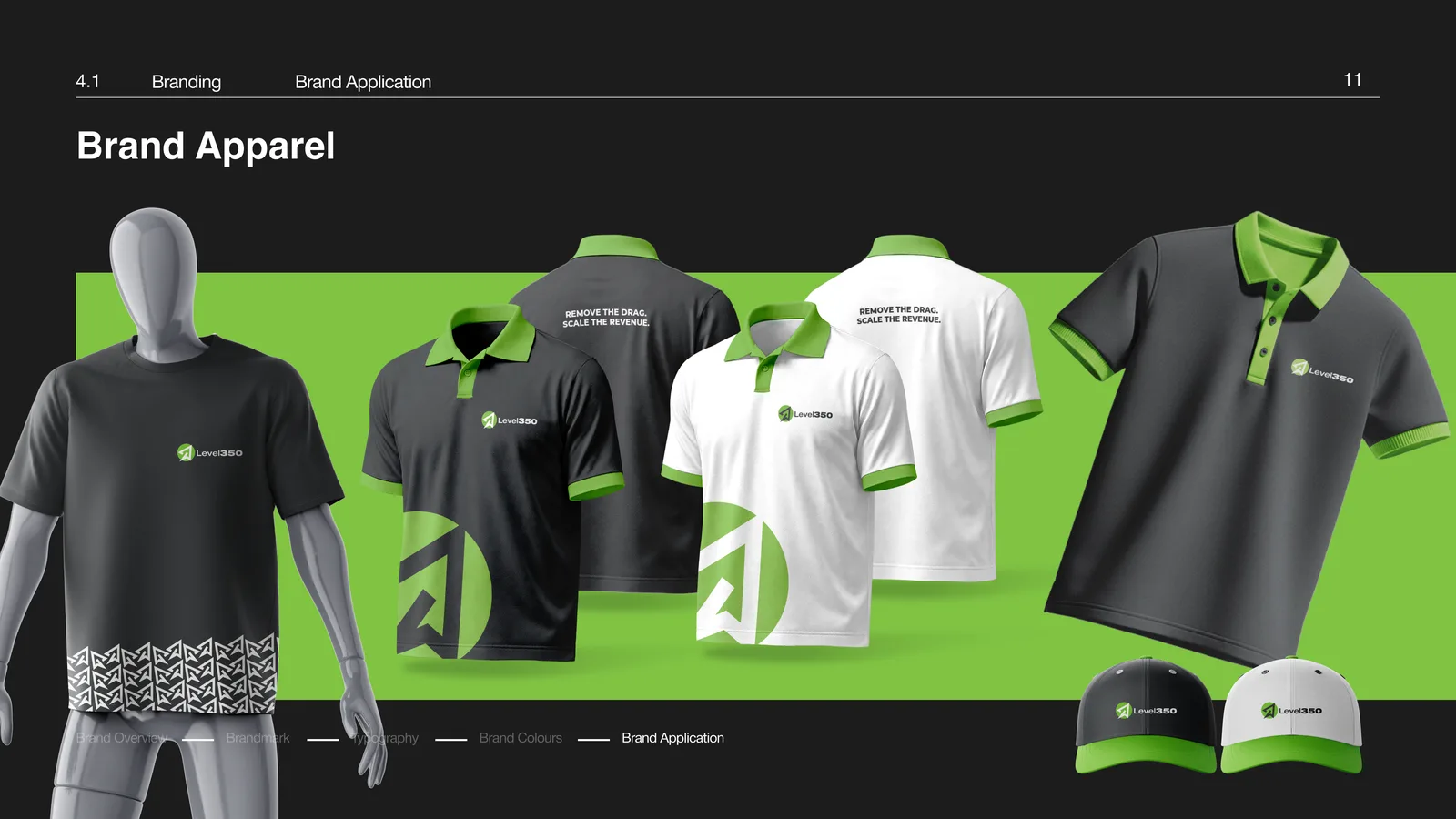 Level350 brand apparel, polos and caps carrying the mark in lime and charcoal