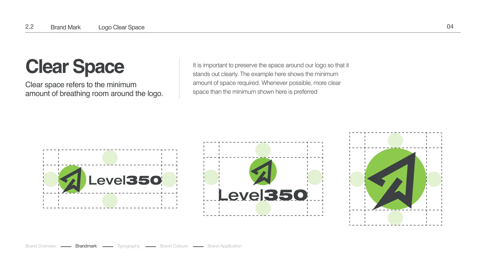 Level350 brand guideline clear-space page, the mark shown with its minimum breathing room