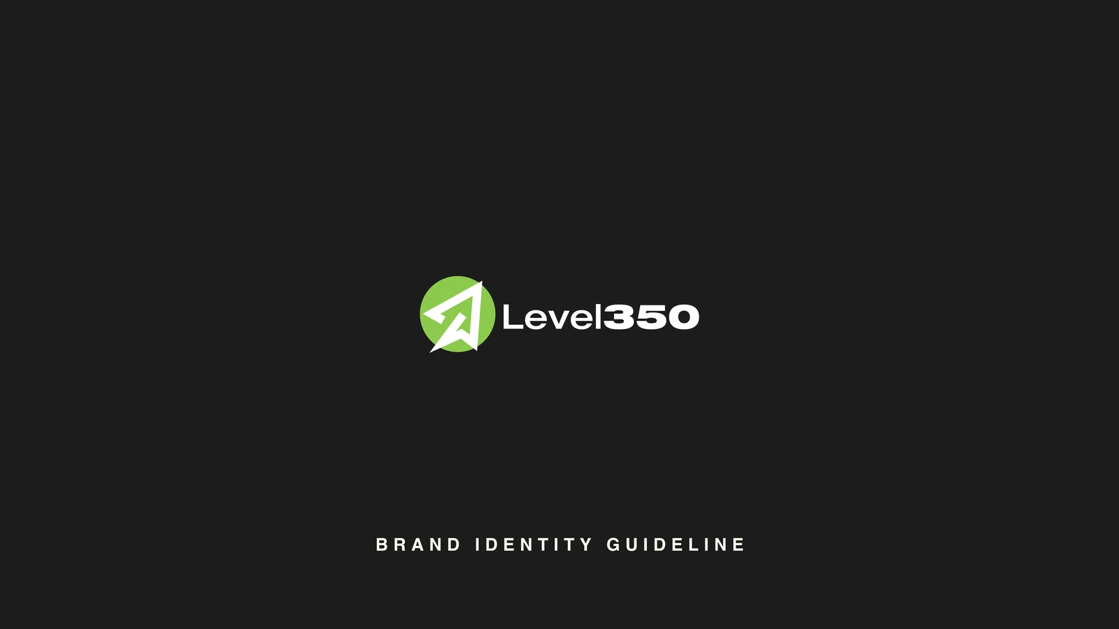 The Level350 brand identity guideline cover, the final angular plane mark in lime on charcoal