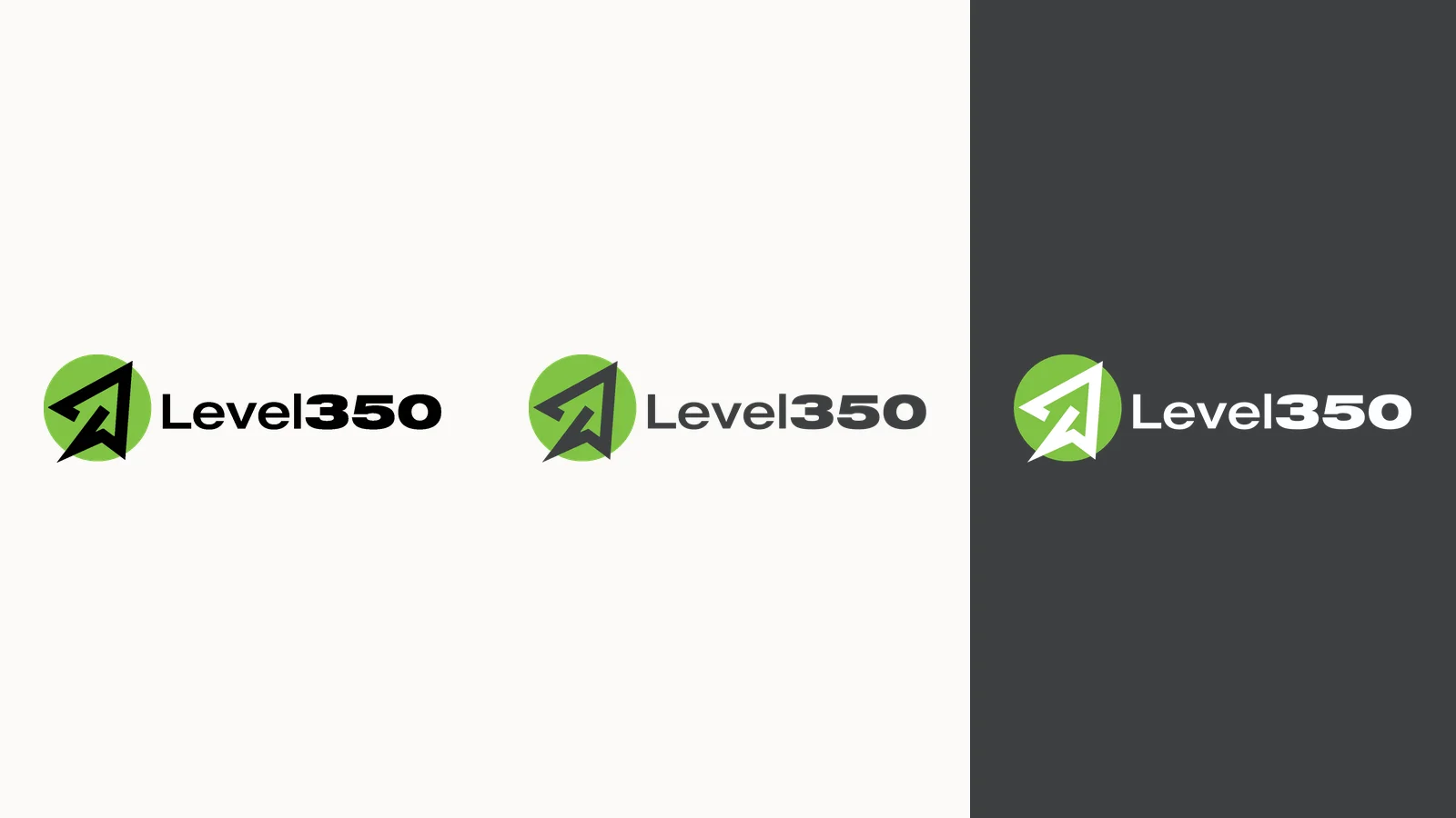 The Level350 lockup in black, gray and reversed white