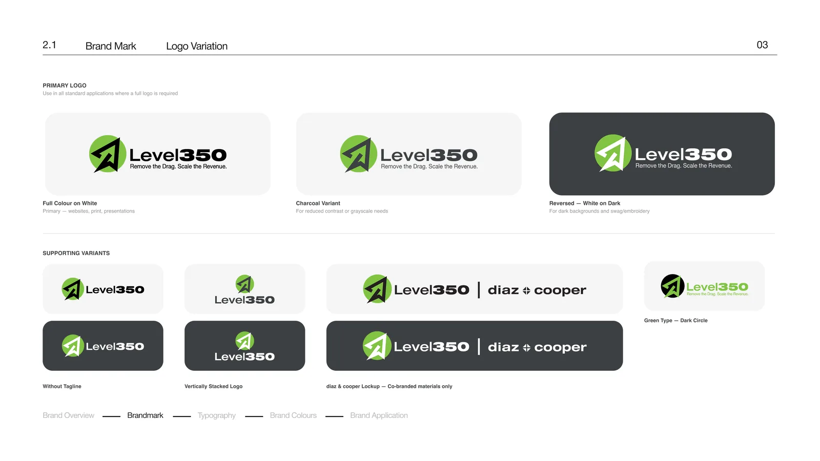 Level350 logo variation sheet: full-colour, reversed and mono lockups plus the Diaz and Cooper co-brand