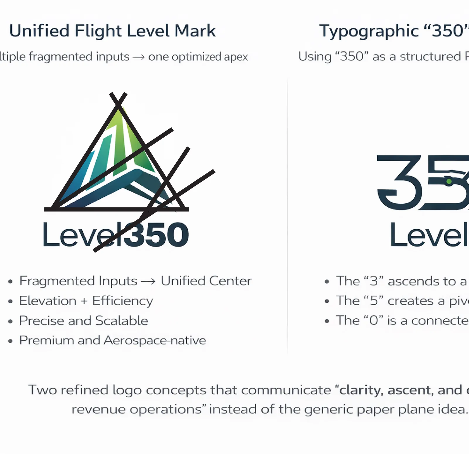 Concept rationale sheet, two refined logo directions compared side by side with written arguments
