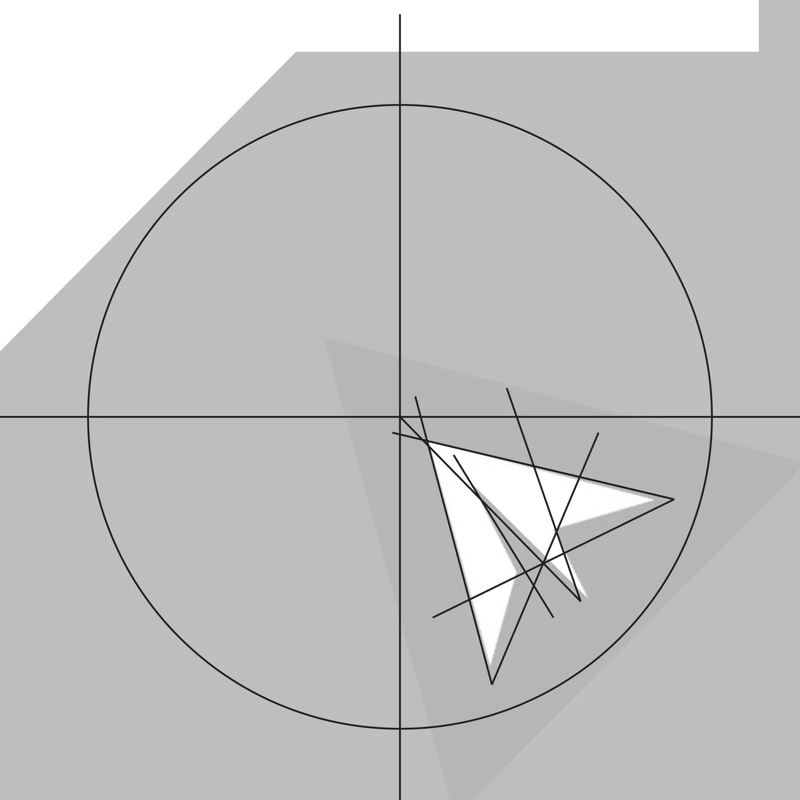 Logo construction study, the paper-plane document set on a circular grid with axis lines