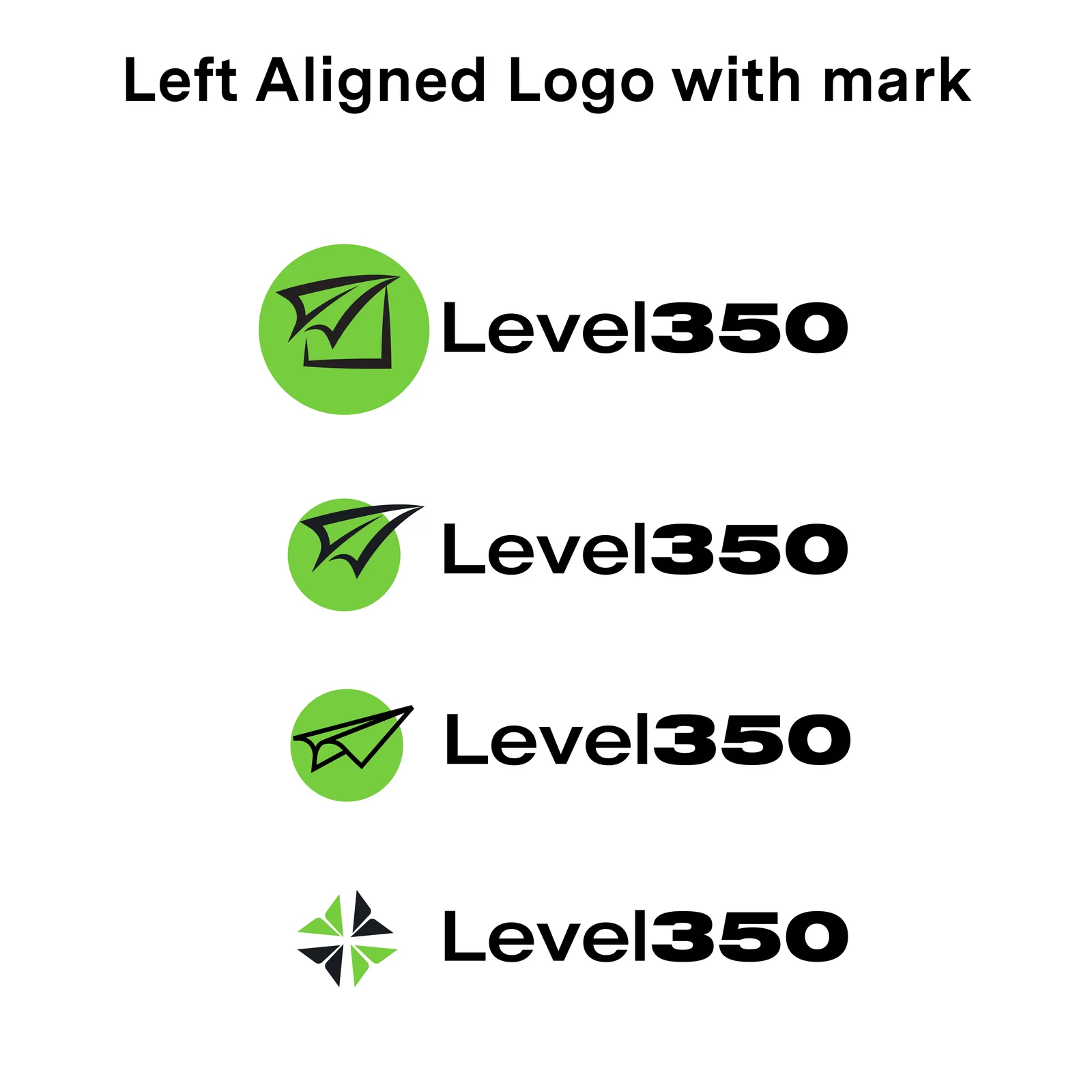 Left-aligned Level350 lockups, four mark options on lime discs beside the wordmark