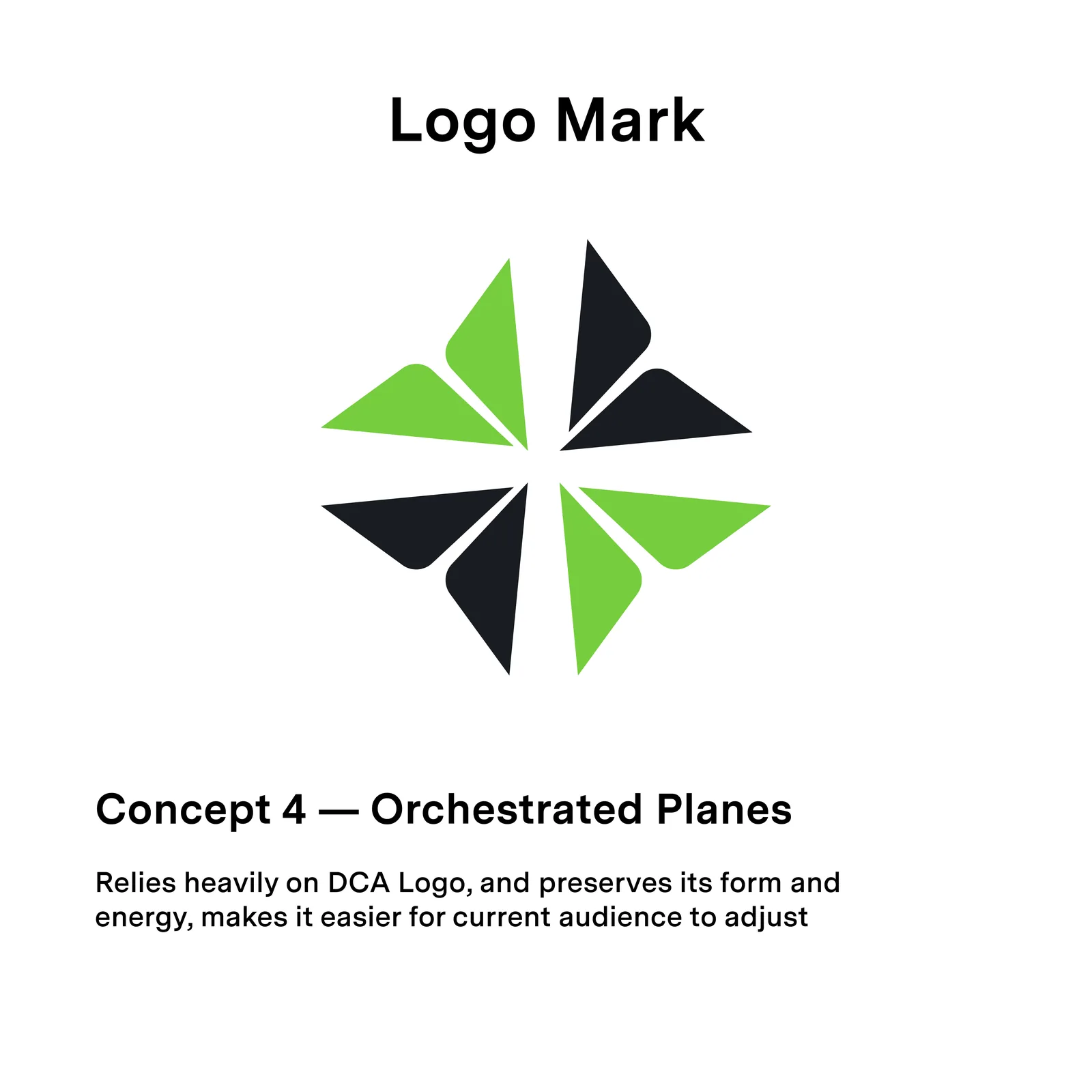 Concept 4, Orchestrated Planes, a pinwheel of lime and charcoal plane forms