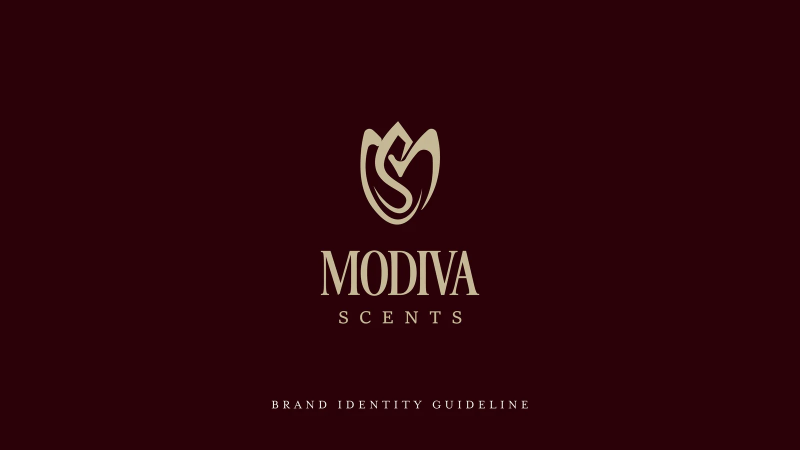 Modiva Scents brand guideline cover, gold tulip mark on oxblood