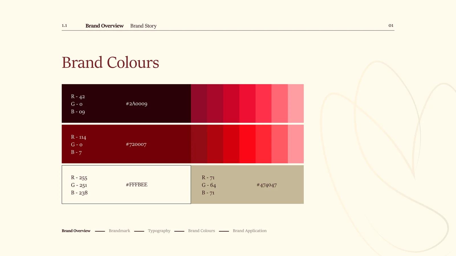 Brand guideline, brand-colours page, oxblood and champagne with tints