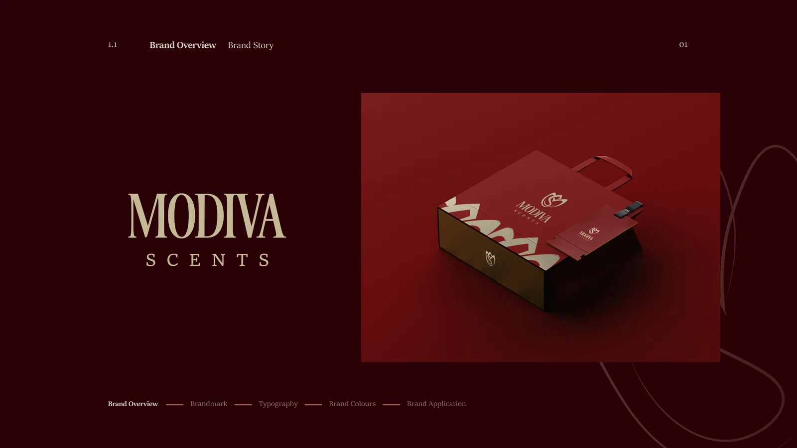Modiva Scents packaging box mockup in oxblood and gold