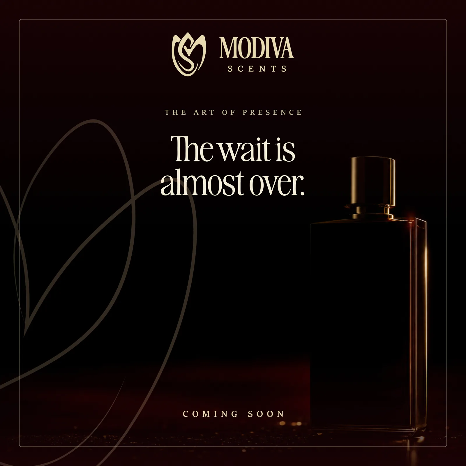 Teaser B, fragrance bottles half-lost in shadow with warm rim light