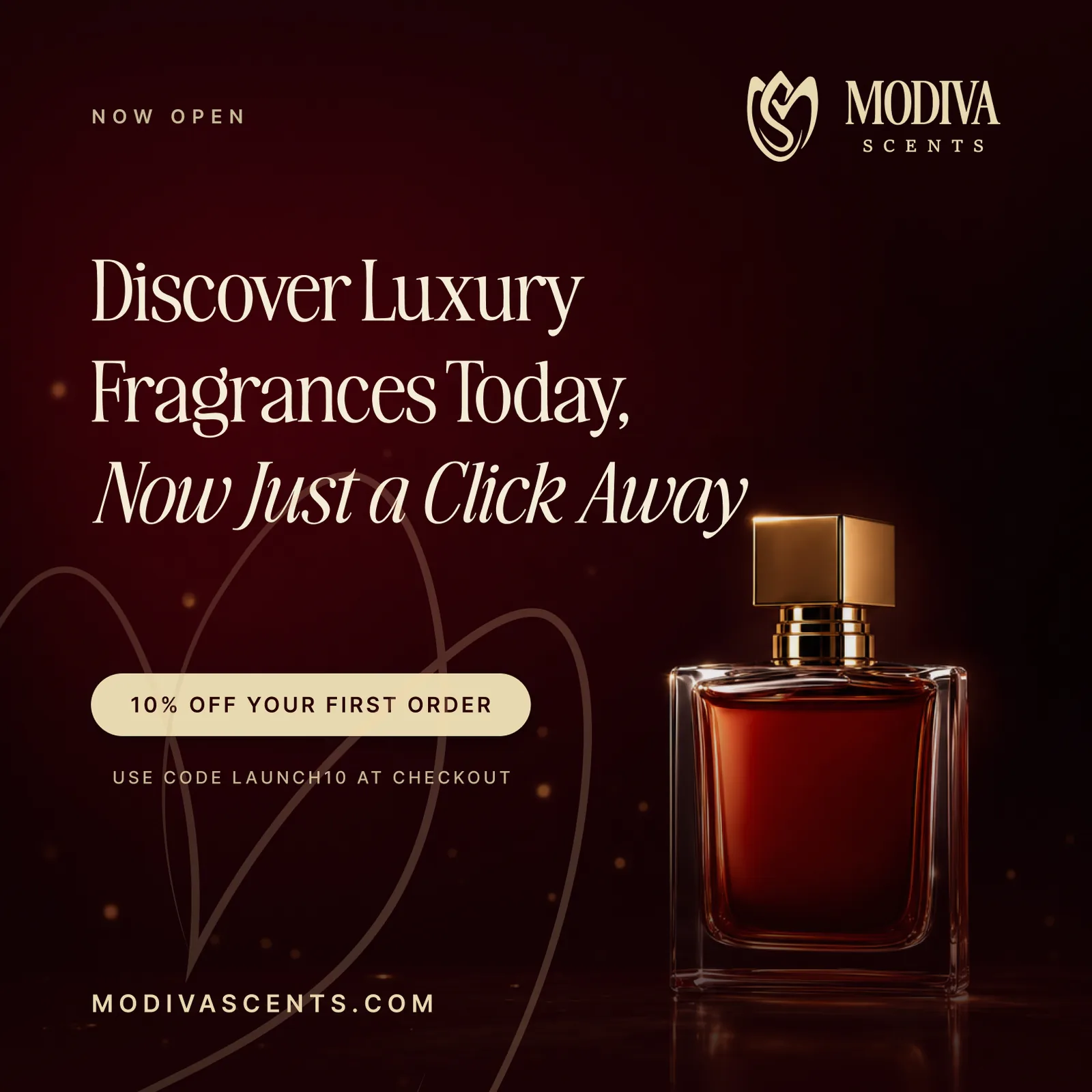 Launch post, Modiva Scents fully revealed with backlit bottles and the tulip lockup