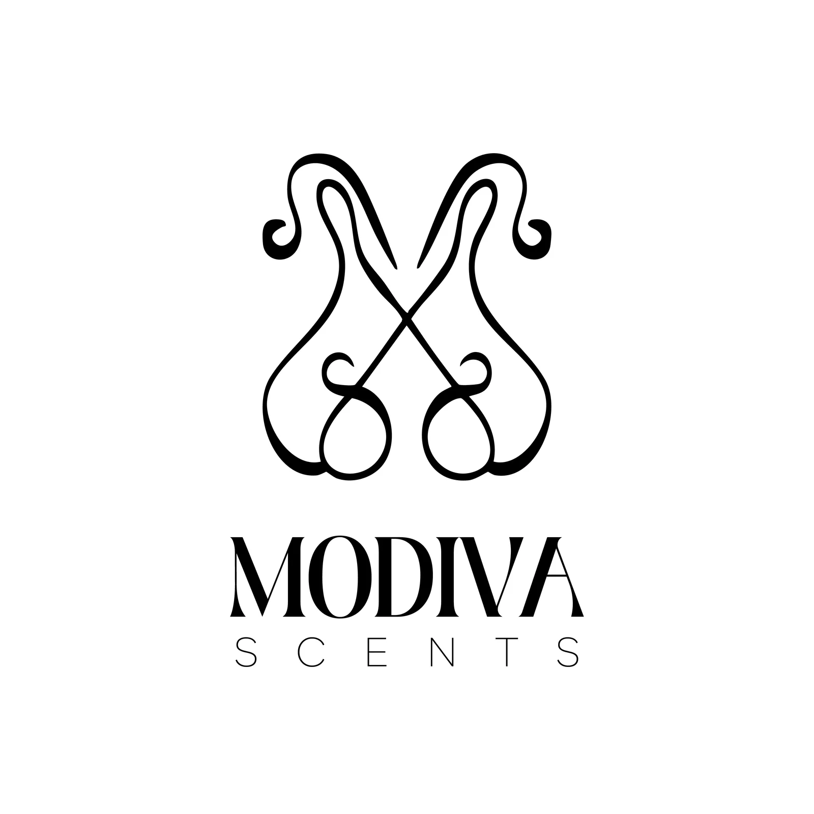 Pencil logo sketches for Modiva Scents, first sheet of monogram explorations