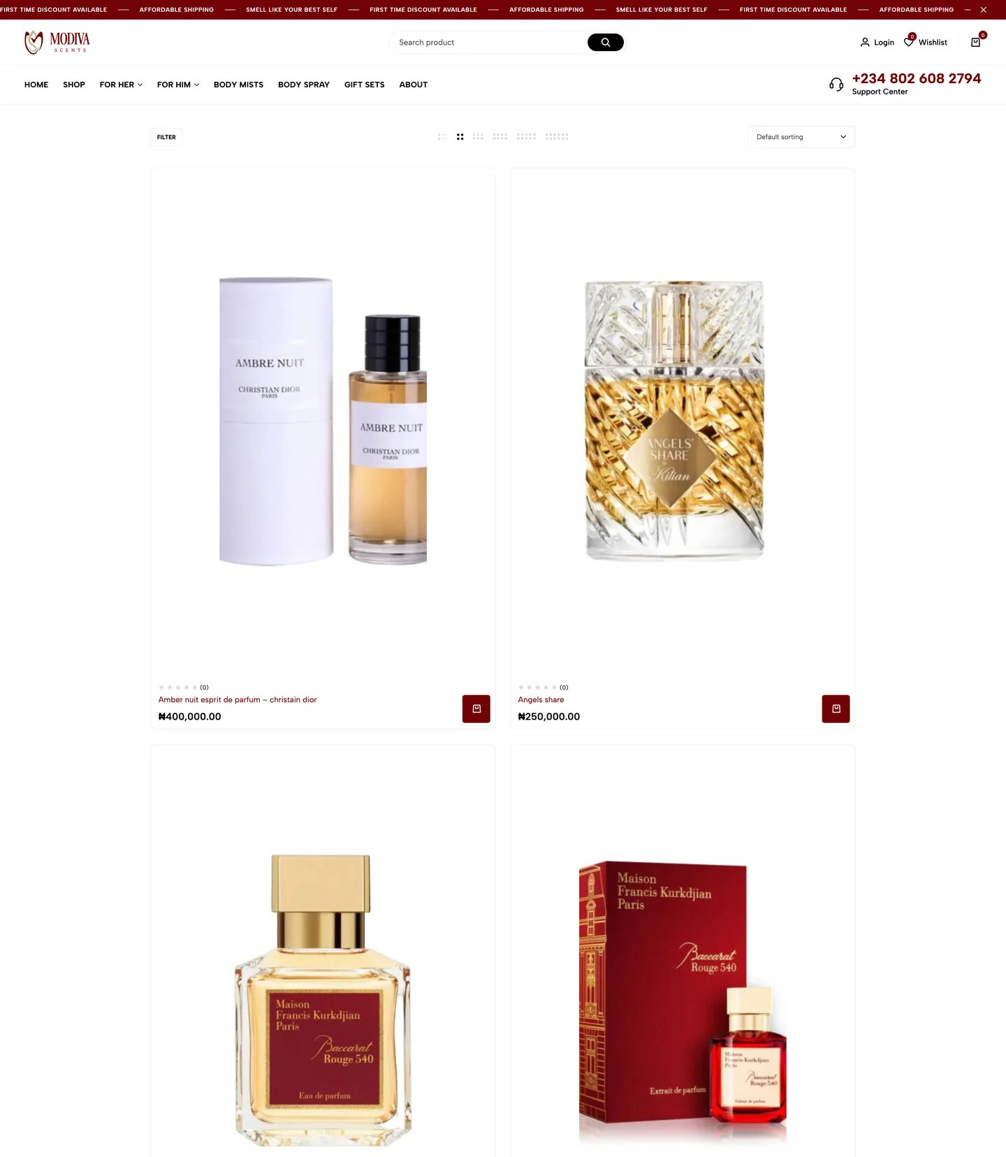 The live modivascents.com storefront, product grid