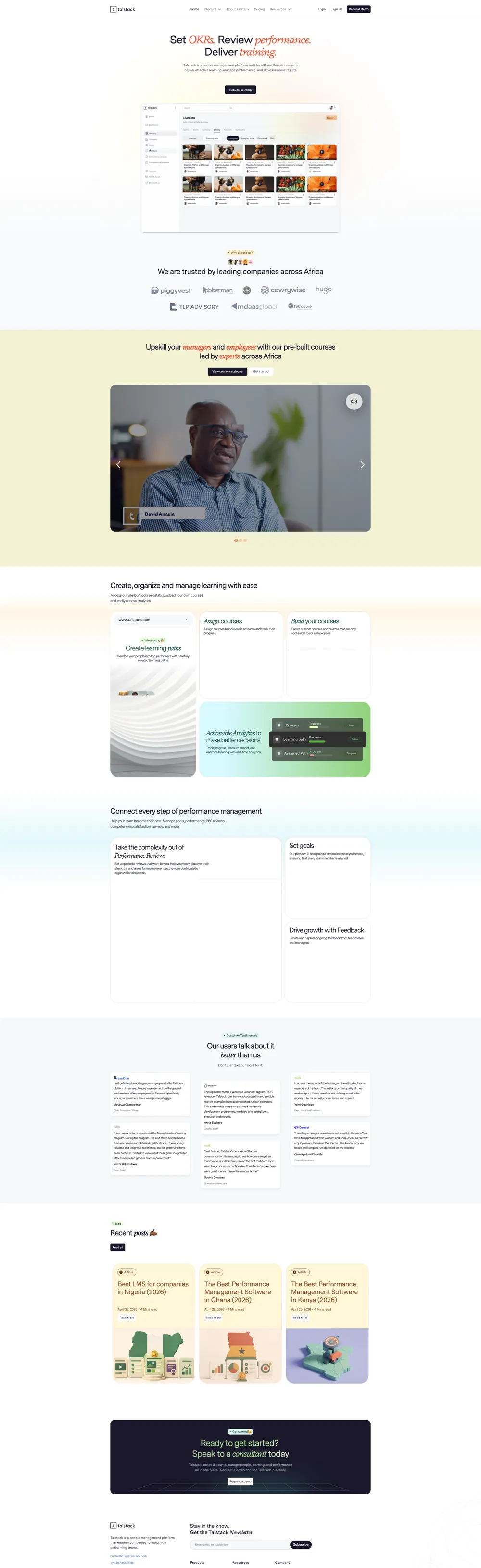 The full Talstack marketing site, hero, product screens, testimonials and CTA