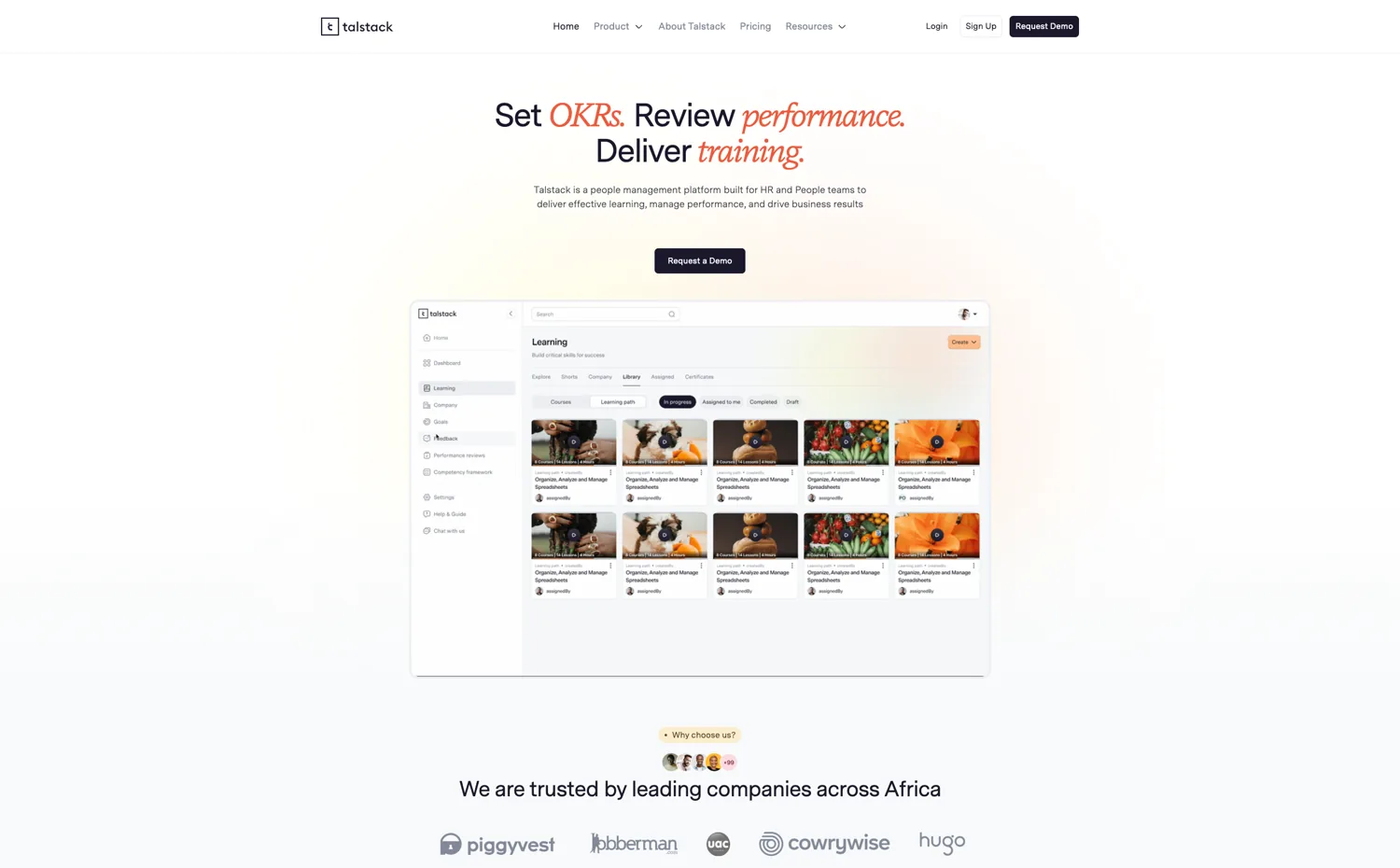 The Talstack marketing site: Set OKRs, Review performance, Deliver training, with the product dashboard and a row of trusted African companies