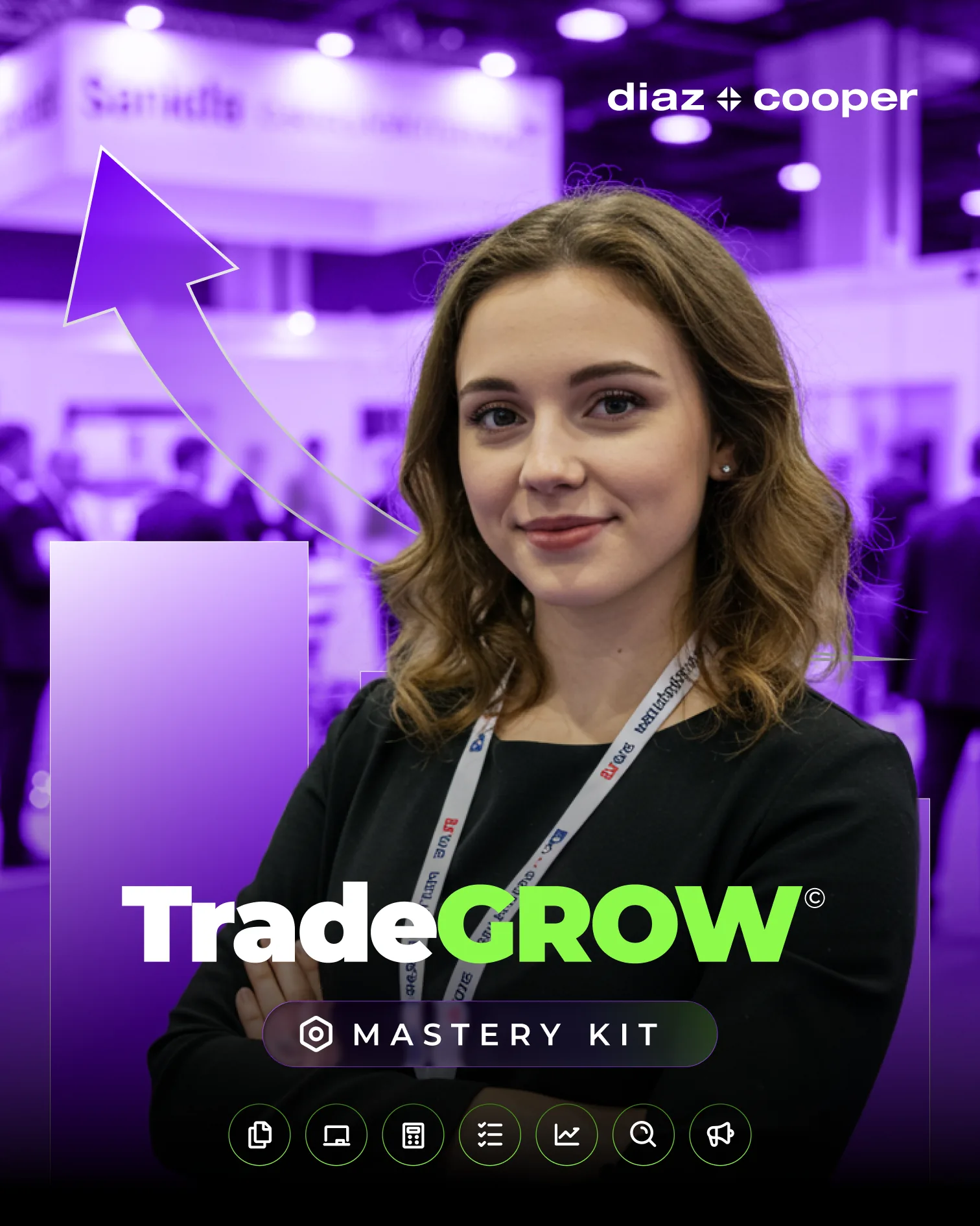 Mastery Kit cover, a woman with a lanyard on a trade-show floor