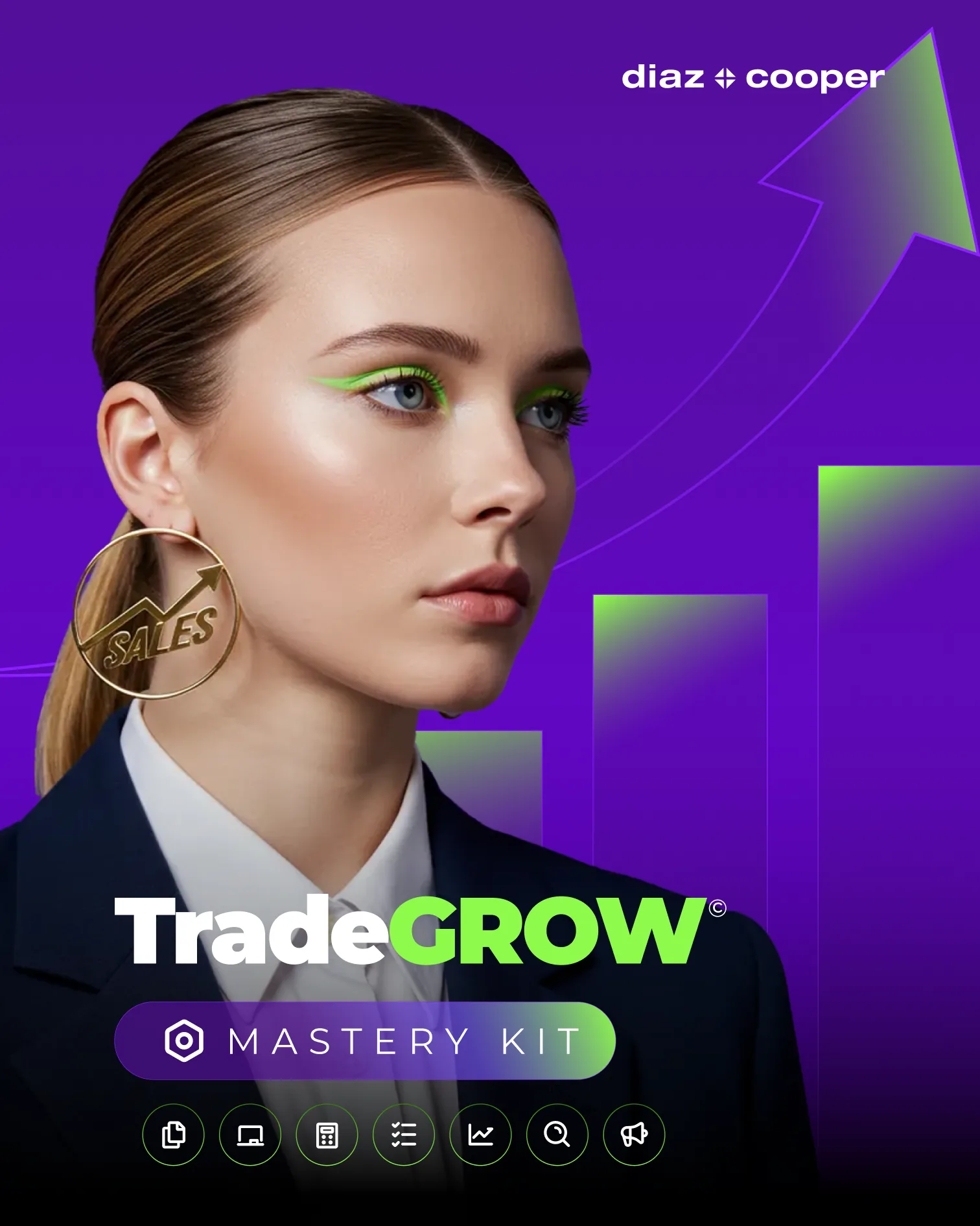 TradeGROW Mastery Kit cover, a model with green eyeshadow and a gold Sales earring on purple with a rising arrow