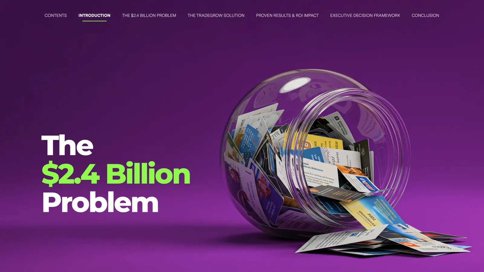 The $2.4 Billion Problem ebook spread, a jar spilling business cards