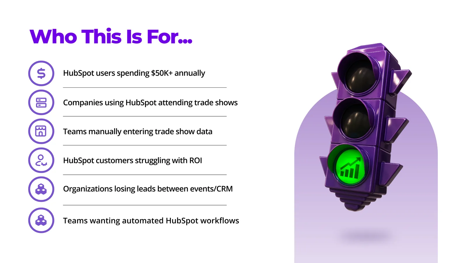 Webinar slide, Who This Is For, six qualifying criteria beside the trade-show traffic light