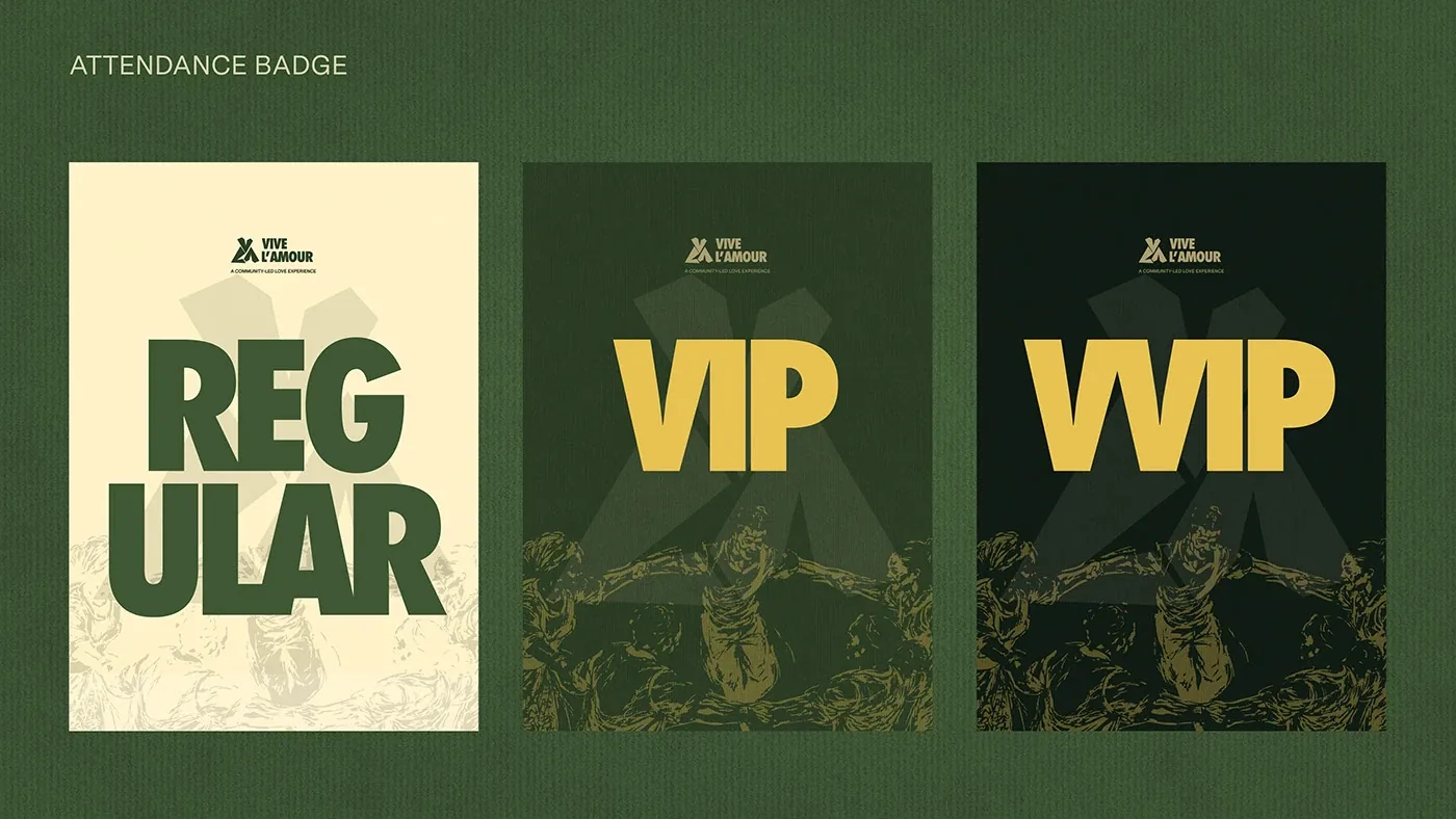 Vive l’Amour attendance badges for each ticket tier