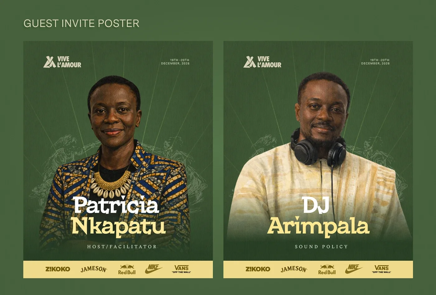 Guest invite posters for Patricia Nkapatu and DJ Arimpala