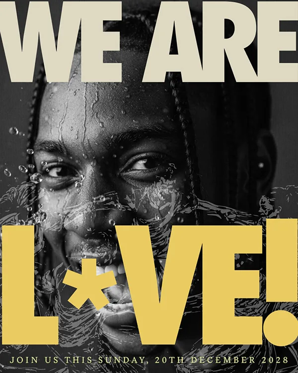 WE ARE LOVE key visual, a man in black and white behind the yellow headline
