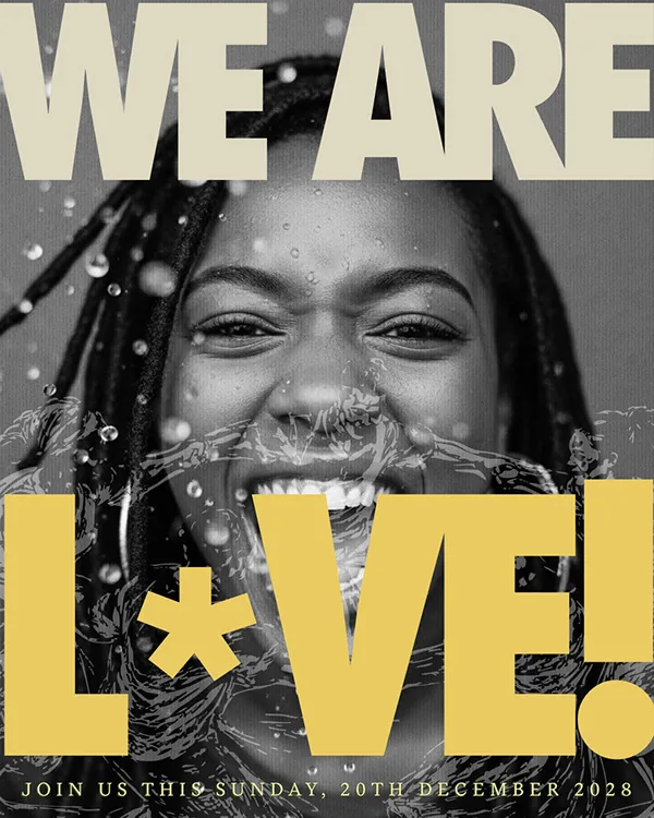 WE ARE LOVE key visual, a woman laughing in black and white behind the yellow headline